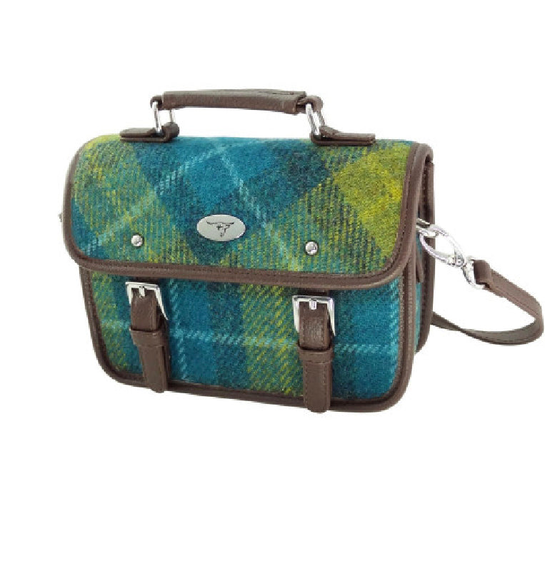 Glen Appin Harris Tweed Bervie Mini Satchel Bag Sea Blue Green Tartan