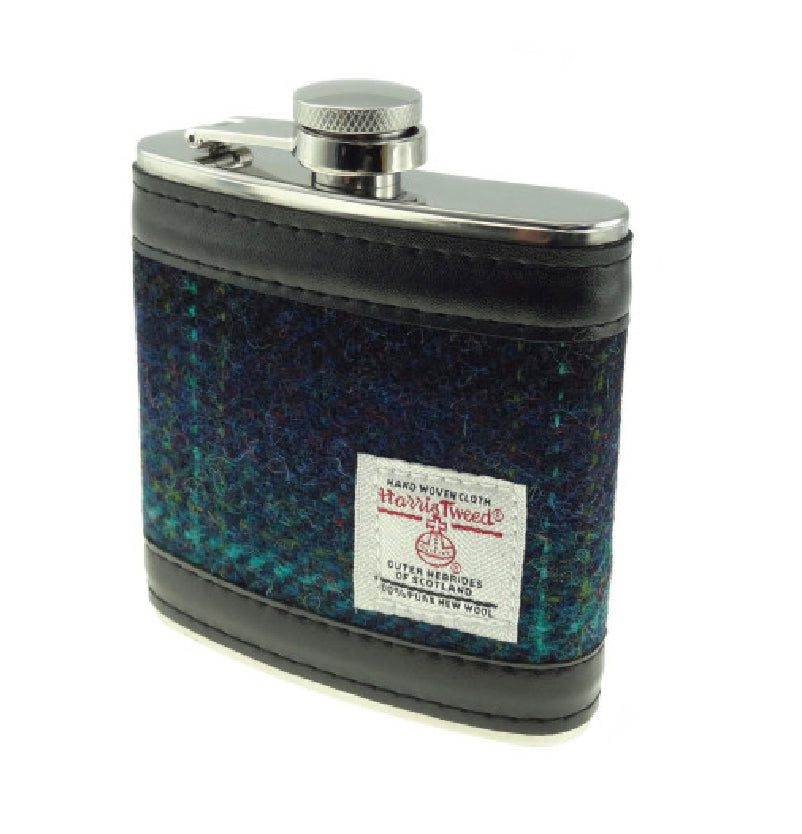 Glen Appin Harris Tweed Hip Flask - Turquoise Overcheck