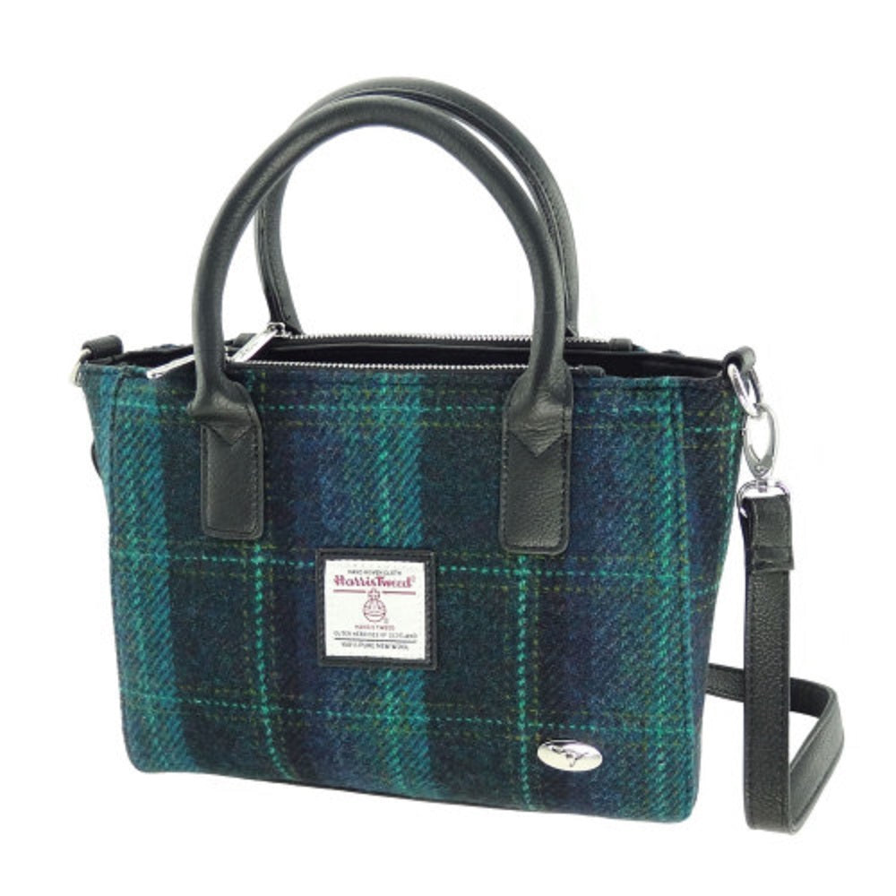 Glen Appin Harris Tweed Brora Tote Handbag Blue Turquoise OverCheck