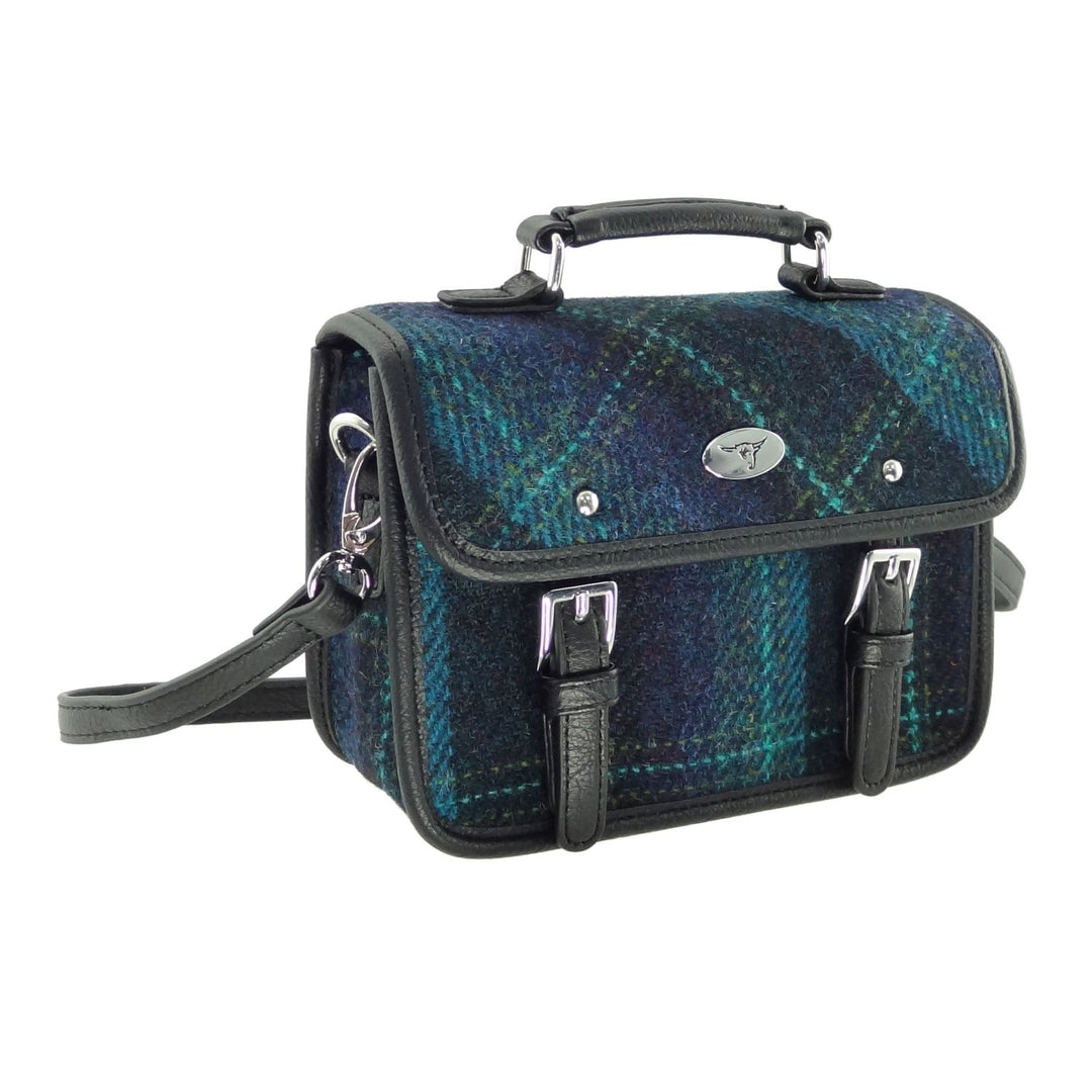 Glen Appin Harris Tweed Bervie Mini Satchel Bag Blue Turquoise Over Check