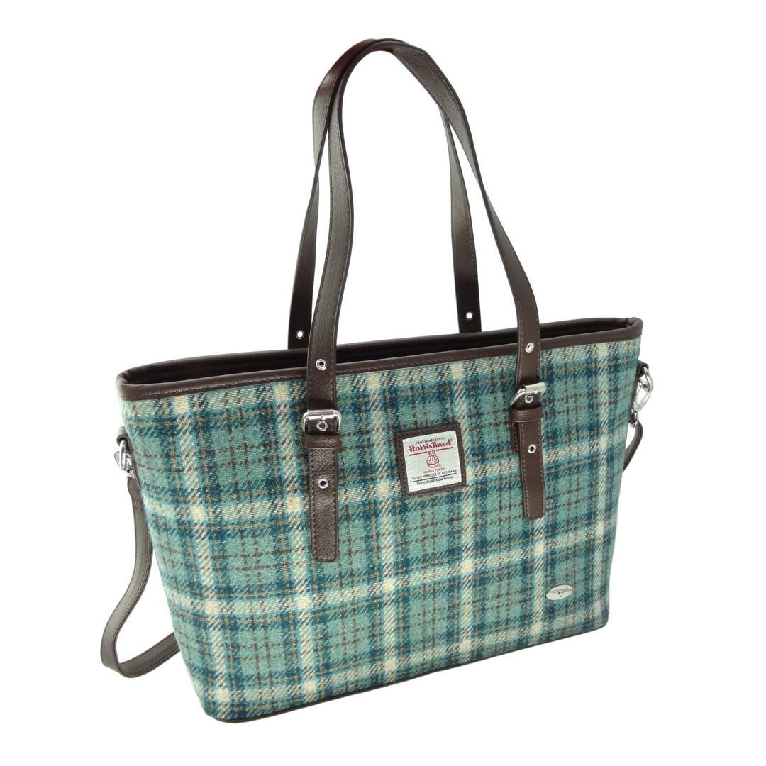 Glen Appin Harris Tweed Classic Spey Tote Handbag Duck Egg Check