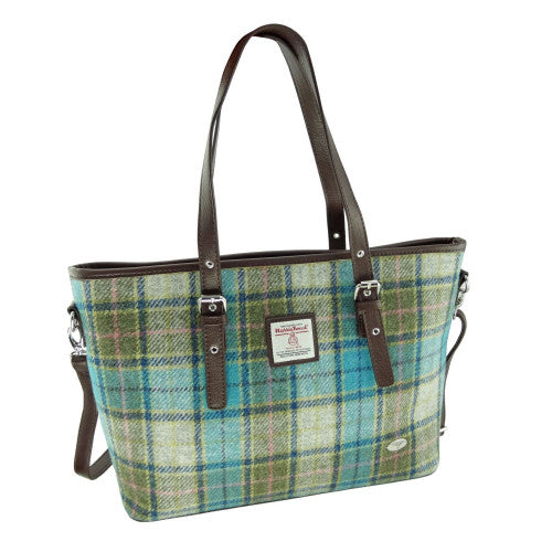 Glen Appin Harris Tweed Classic Spey Tote Handbag Turquoise Tartan