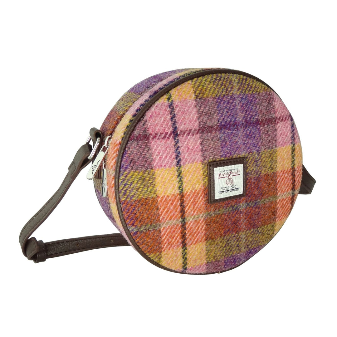 Glen Appin Harris Tweed Bannock Small Round Shoulder Bag Peach Purple Tartan