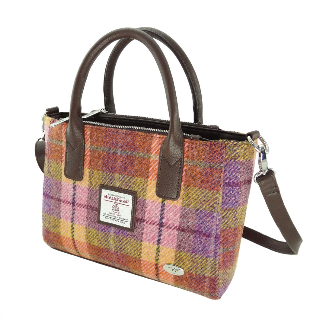 Glen Appin Harris Tweed Brora Tote Handbag Peach Purple Tartan