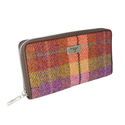 Glen Appin Harris Tweed Ladies Staffa Large Zip Purse Peach/Purple Tartan