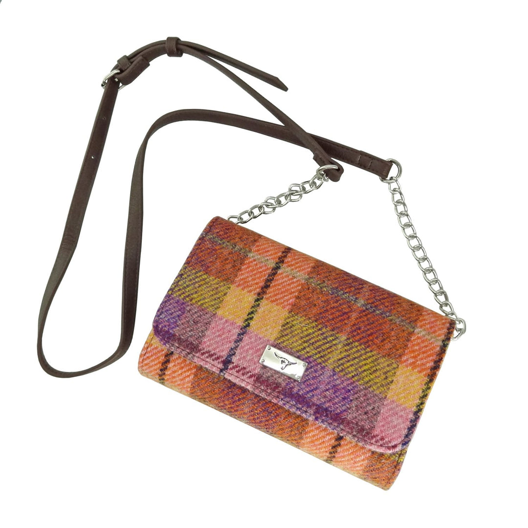 Glen Appin Harris Tweed Strathy Wallet Shoulder Bag Peach Purple Tartan