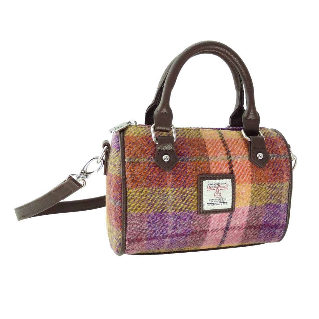 Glen Appin Harris Tweed Kilbride Mini Bowling Bag Peach & Purple Tartan