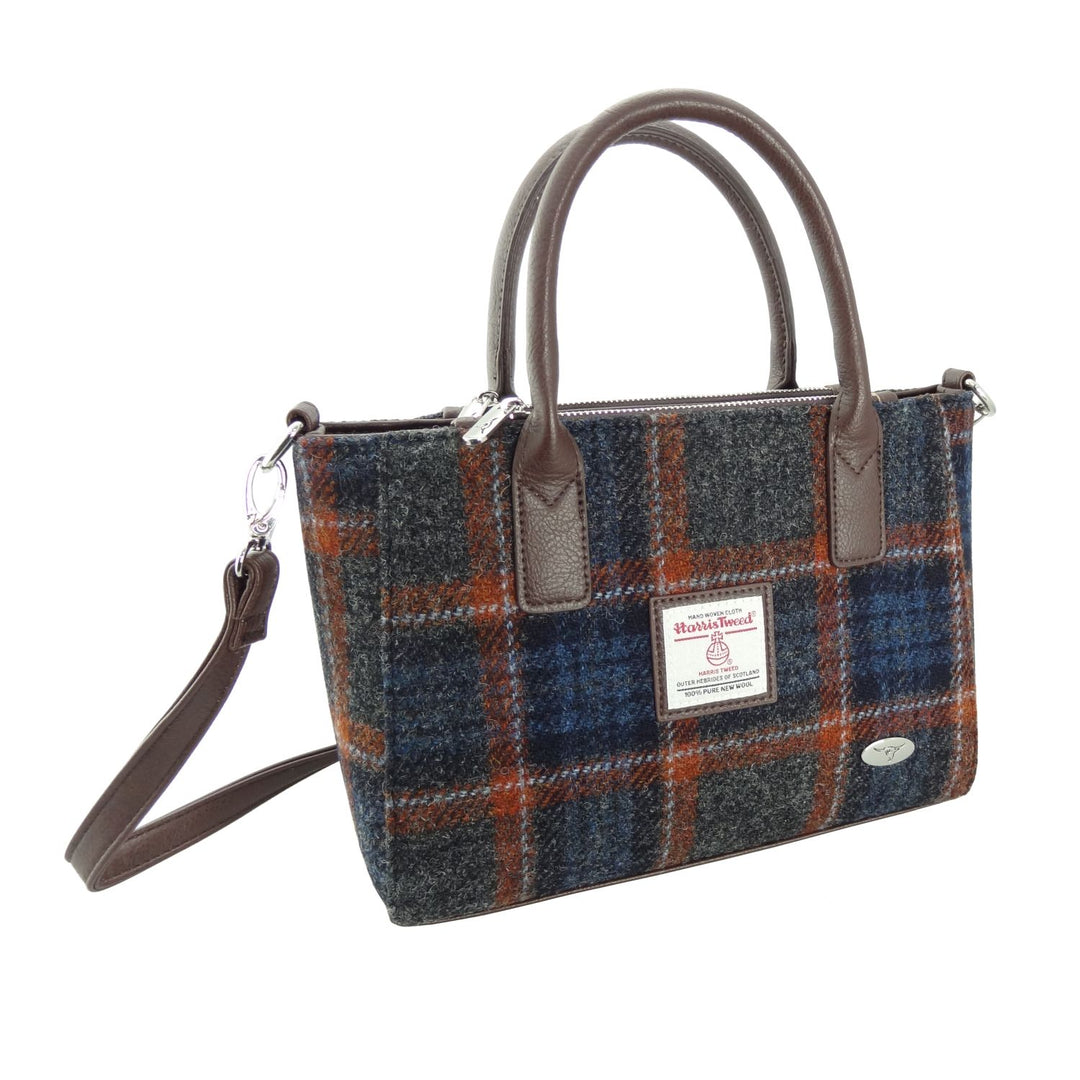 Glen Appin Harris Tweed Brora Tote Handbag Grey Rust Check