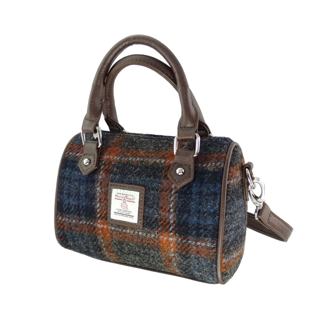 Glen Appin Harris Tweed Kilbride Mini Bowling Bag Grey & Rust Check