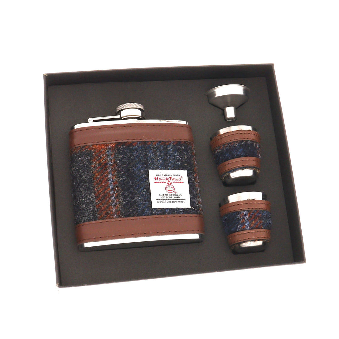 Glen Appin Harris Tweed Hip Flask & Cups Gift Set - Grey Rust Check