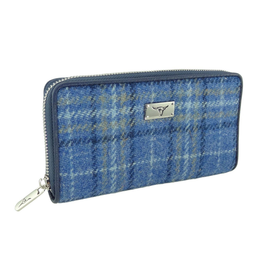 Glen Appin Harris Tweed Ladies Staffa Large Zip Purse Light Blue Check