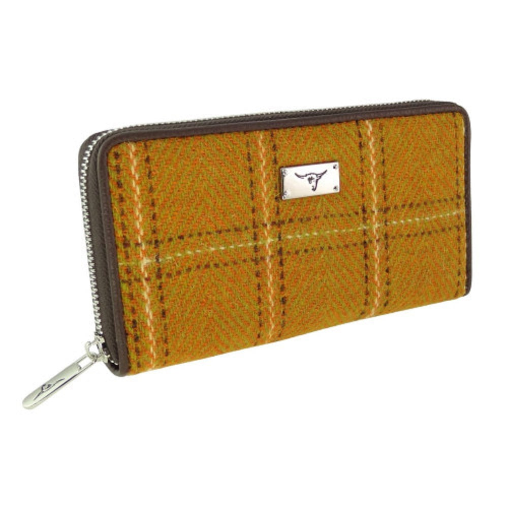 Glen Appin Harris Tweed Ladies Staffa Large Zip Purse Mustard Overcheck