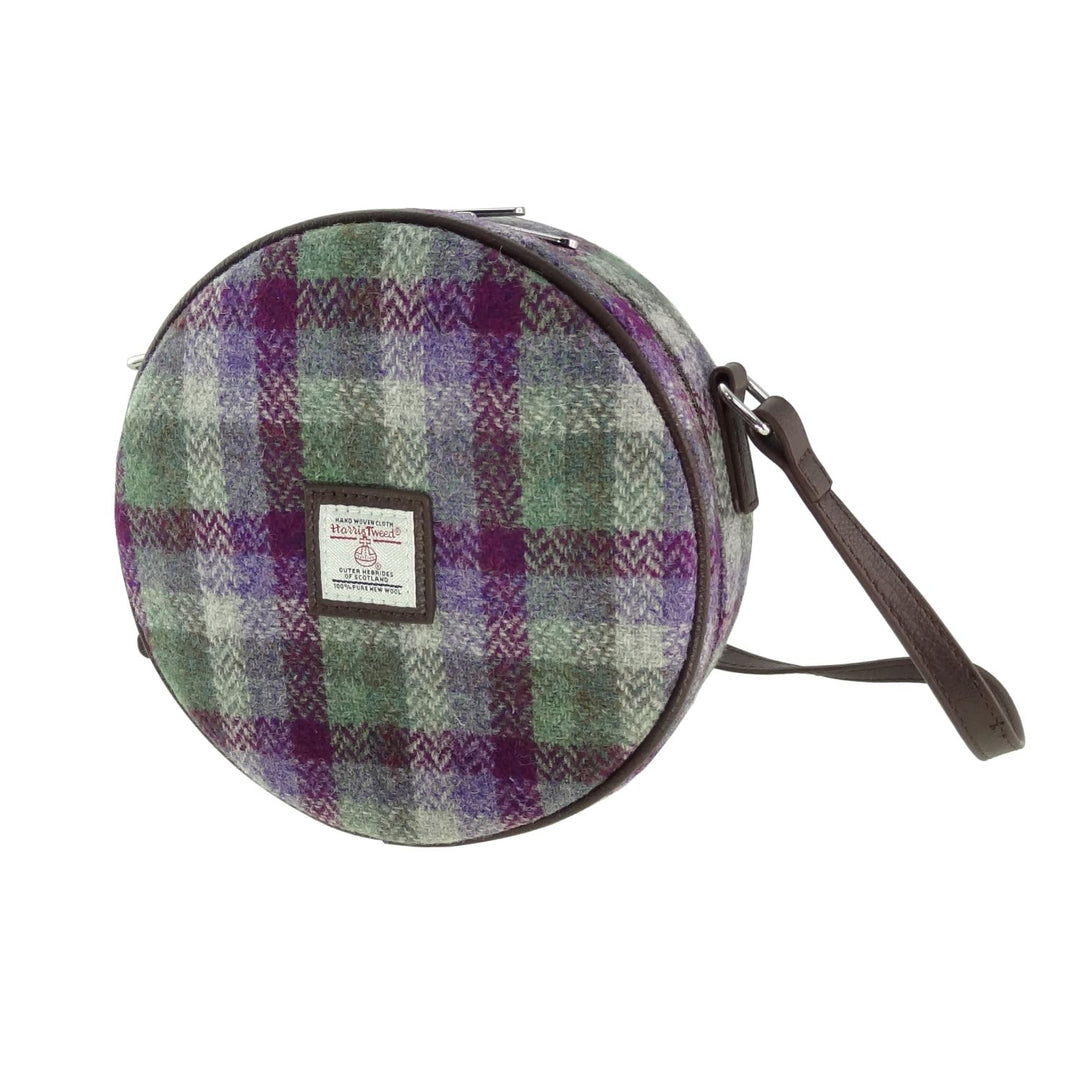 Glen Appin Harris Tweed Bannock Small Round Shoulder Bag Green & Purple Small Check