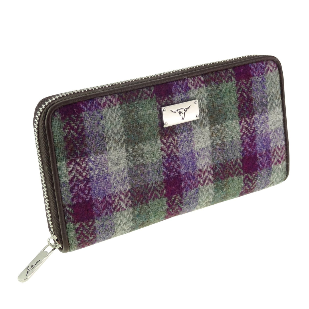 Glen Appin Harris Tweed Ladies Staffa Large Zip Purse Green & Purple Small Check