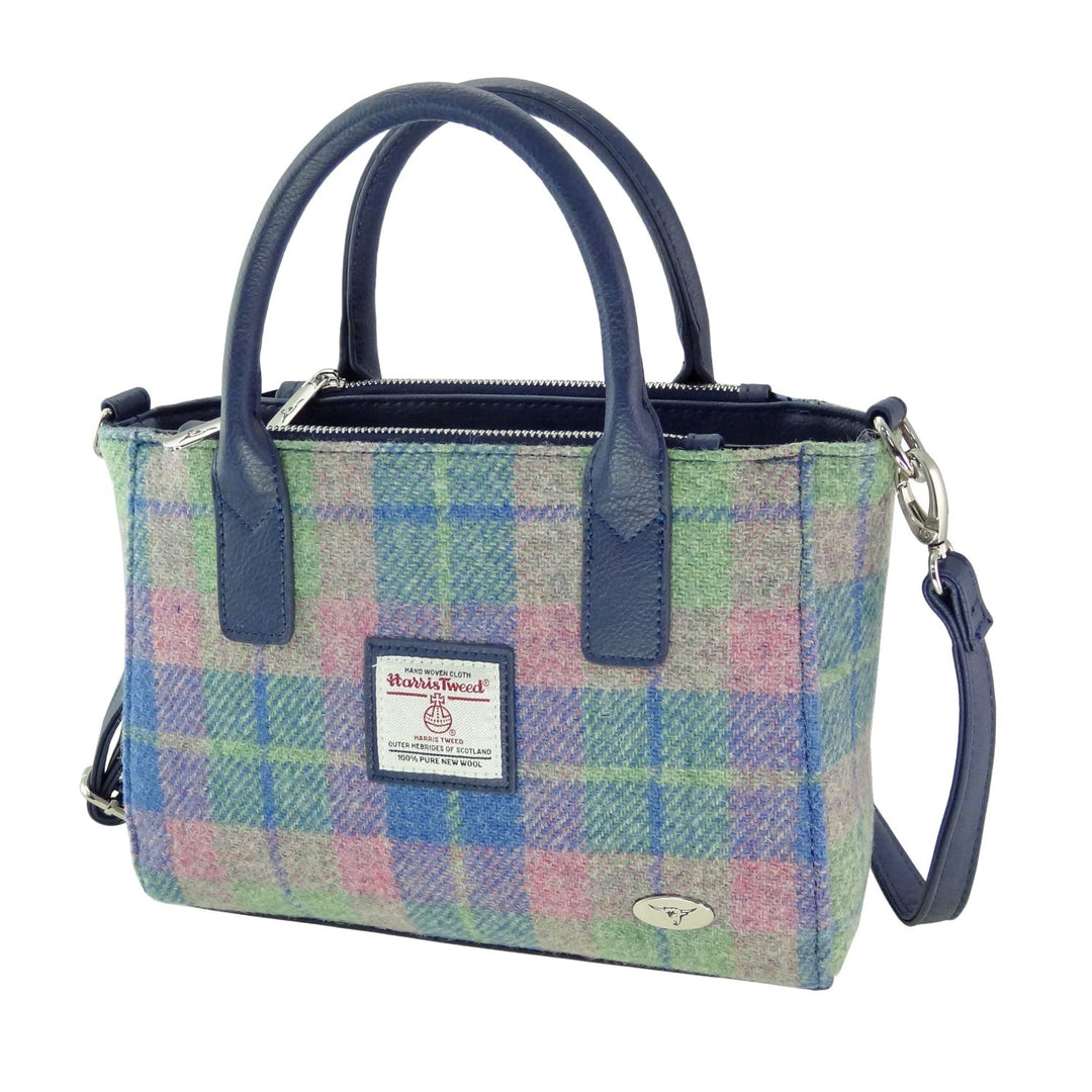Glen Appin Harris Tweed Brora Tote Handbag Soft Blue/Pink Tartan
