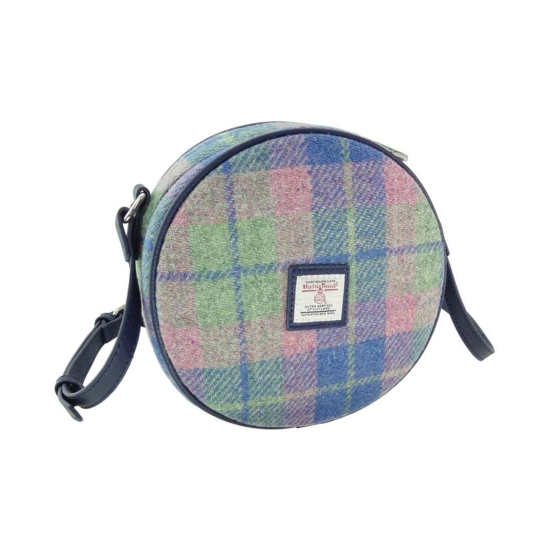 Glen Appin Harris Tweed Bannock Small Round Shoulder Bag Soft Blue/Pink Tartan