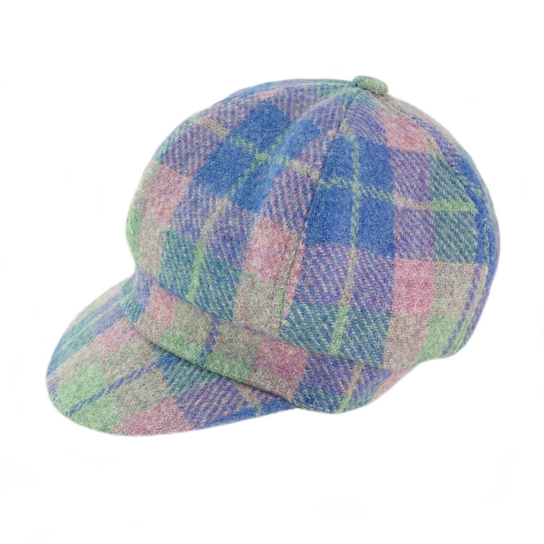 Glen Appin Ladies Harris Tweed Bakerboy Cap Soft Blue/Pink Tartan