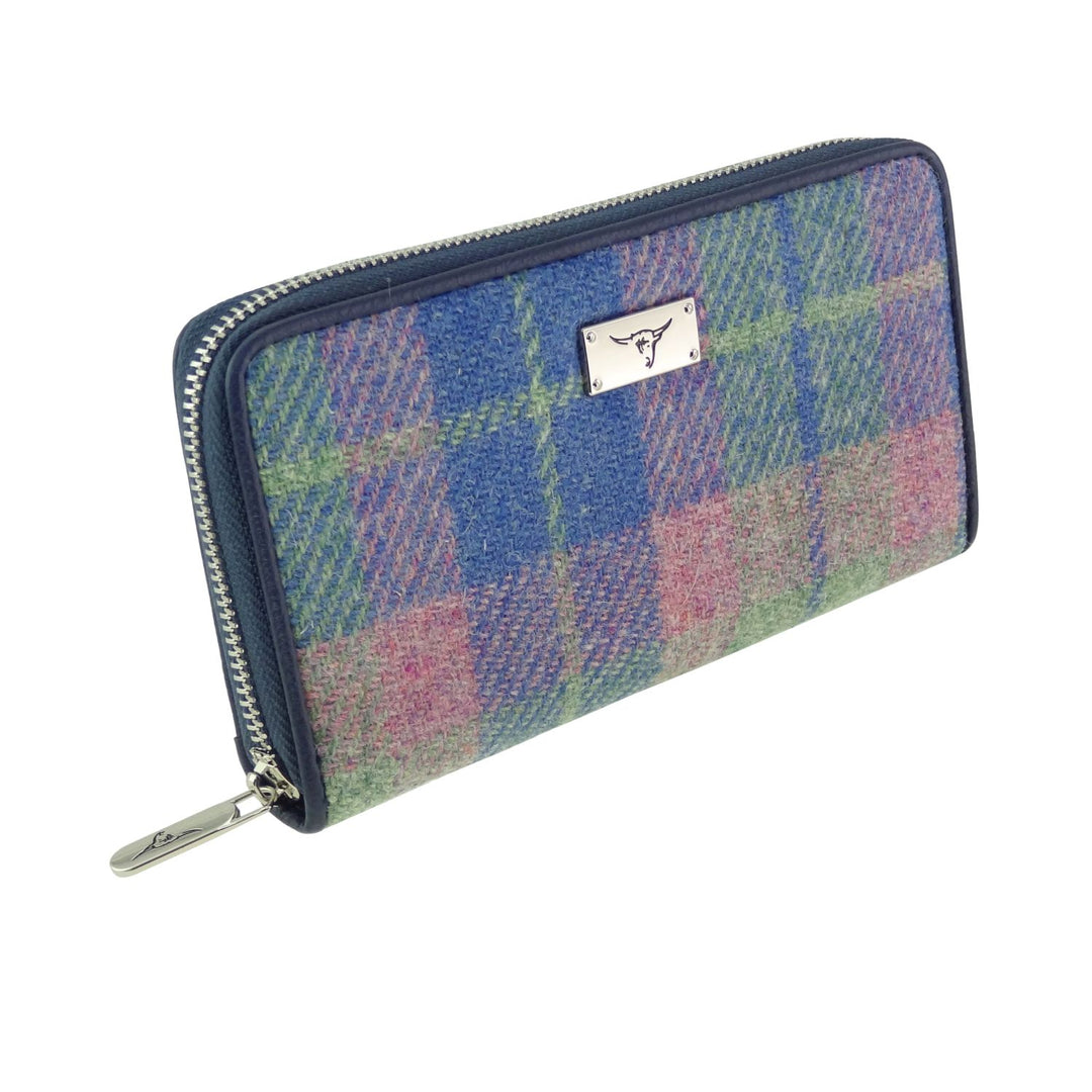 Glen Appin Harris Tweed Ladies Staffa Large Zip Purse Soft Blue/Pink Tartan