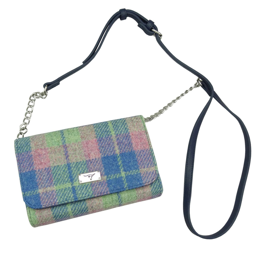 Glen Appin Harris Tweed Strathy Wallet Shoulder Bag Blue Pink Tartan