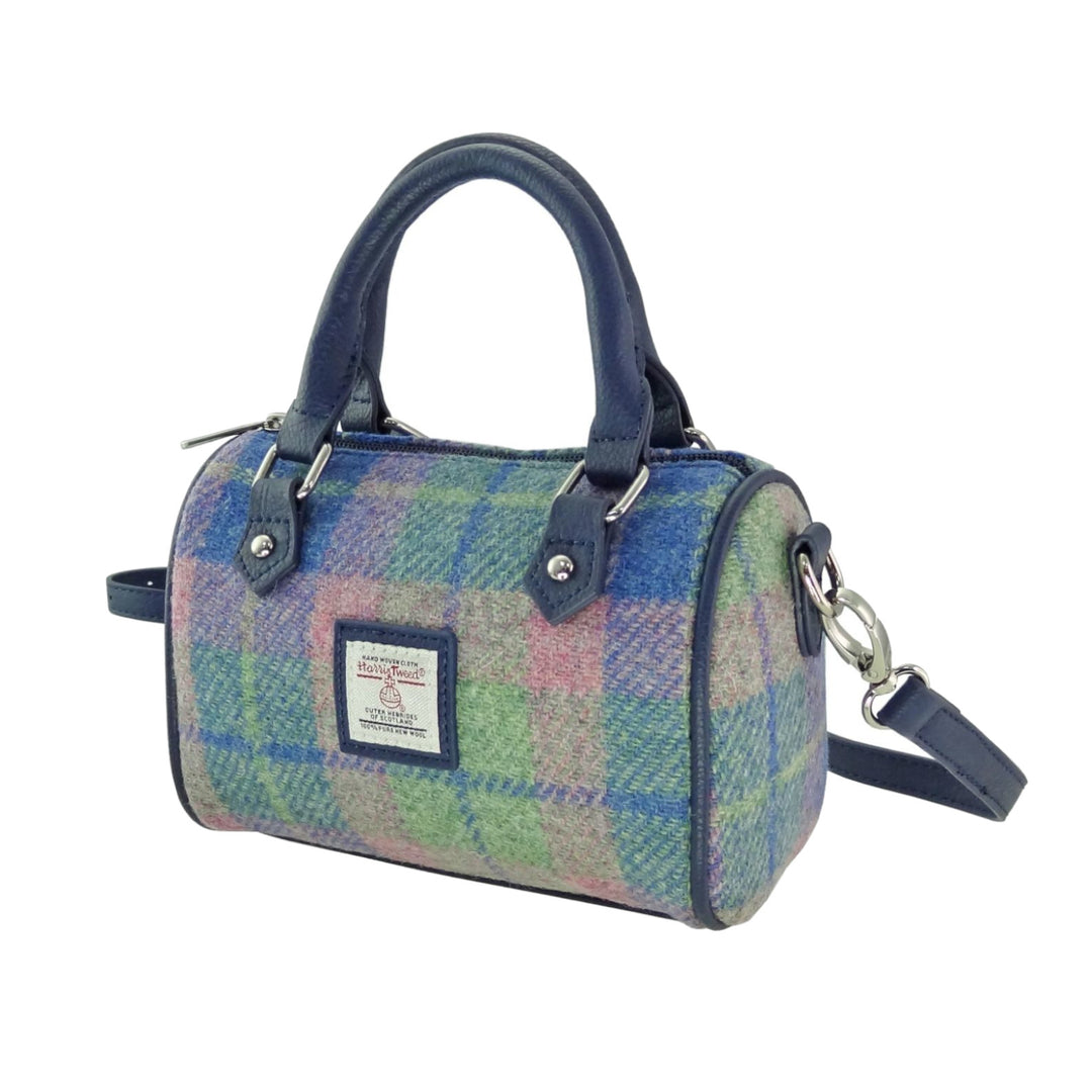 Glen Appin Harris Tweed Kilbride Mini Bowling Bag Soft Blue/Pink Tartan