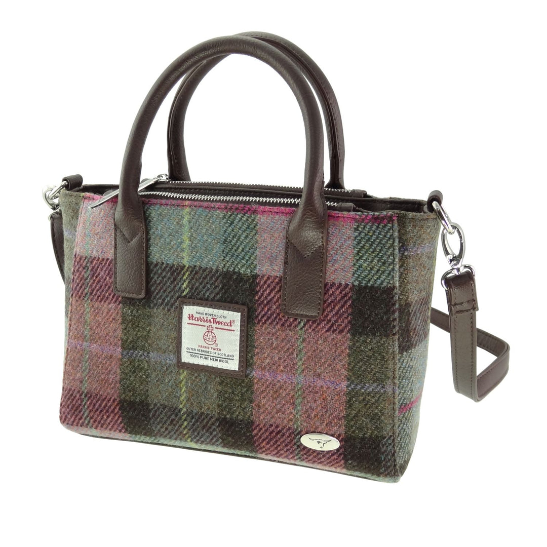 Glen Appin Harris Tweed Brora Tote Handbag Green & Pink Tartan