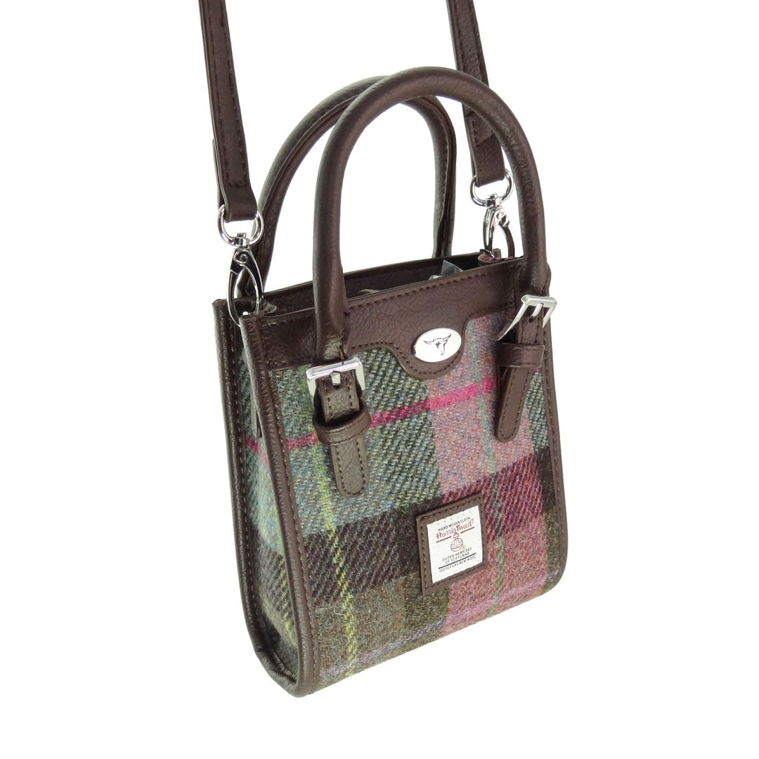Glen Appin Harris Tweed Keltie Tall Mini Tote Bag in Green & Pink Tartan