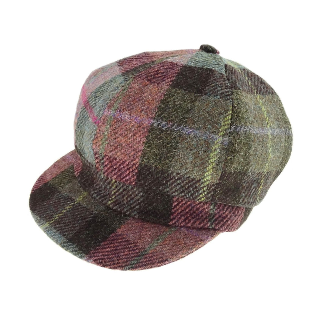 Glen Appin Ladies Harris Tweed Bakerboy Cap Green & Pink Tartan