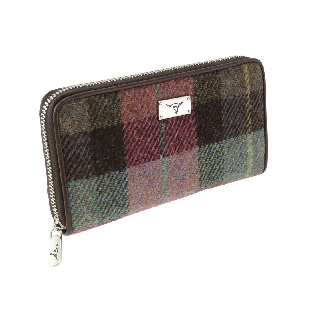 Glen Appin Harris Tweed Ladies Staffa Large Zip Purse Green & Pink Tartan
