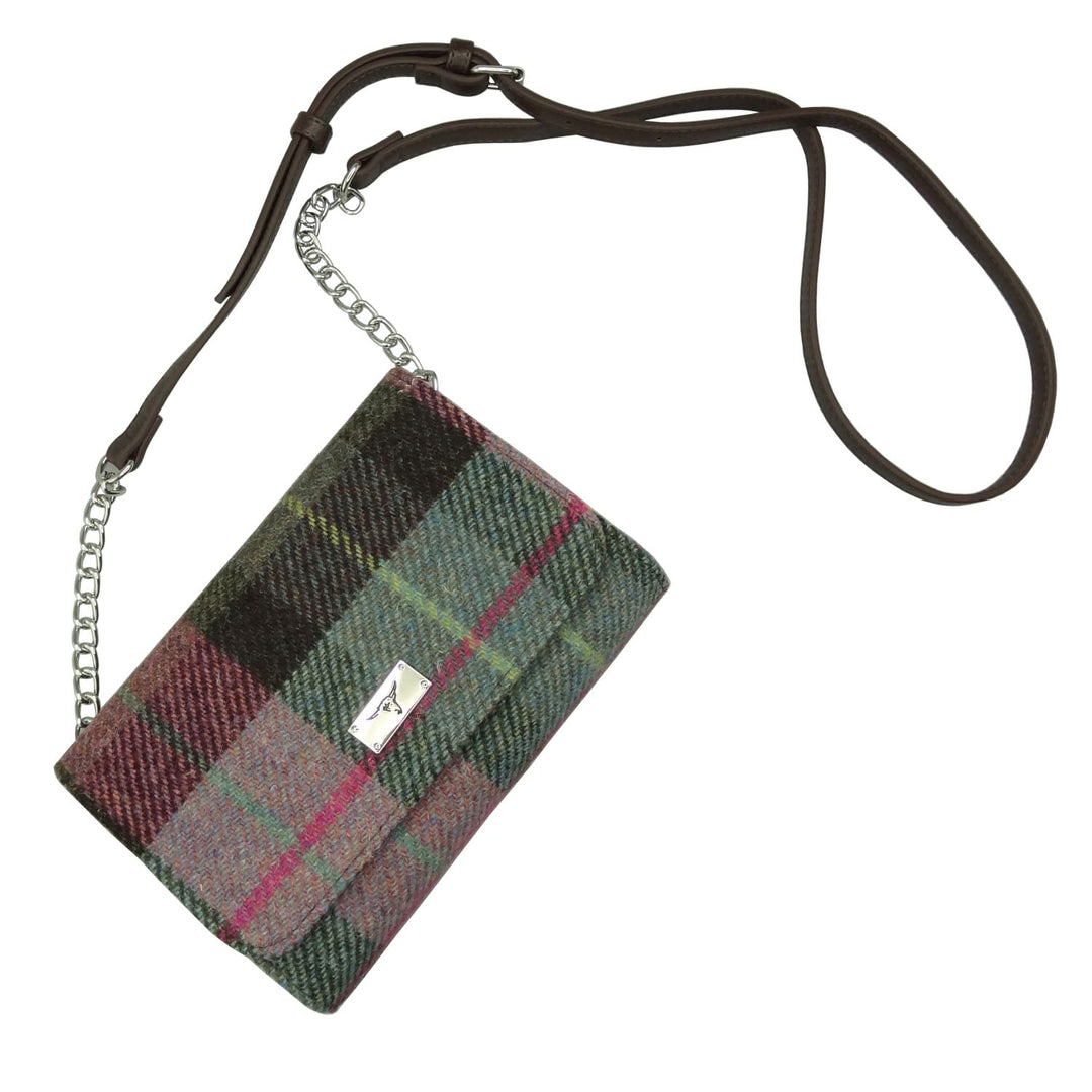 Glen Appin Harris Tweed Strathy Wallet Shoulder Bag Green & Pink Tartan