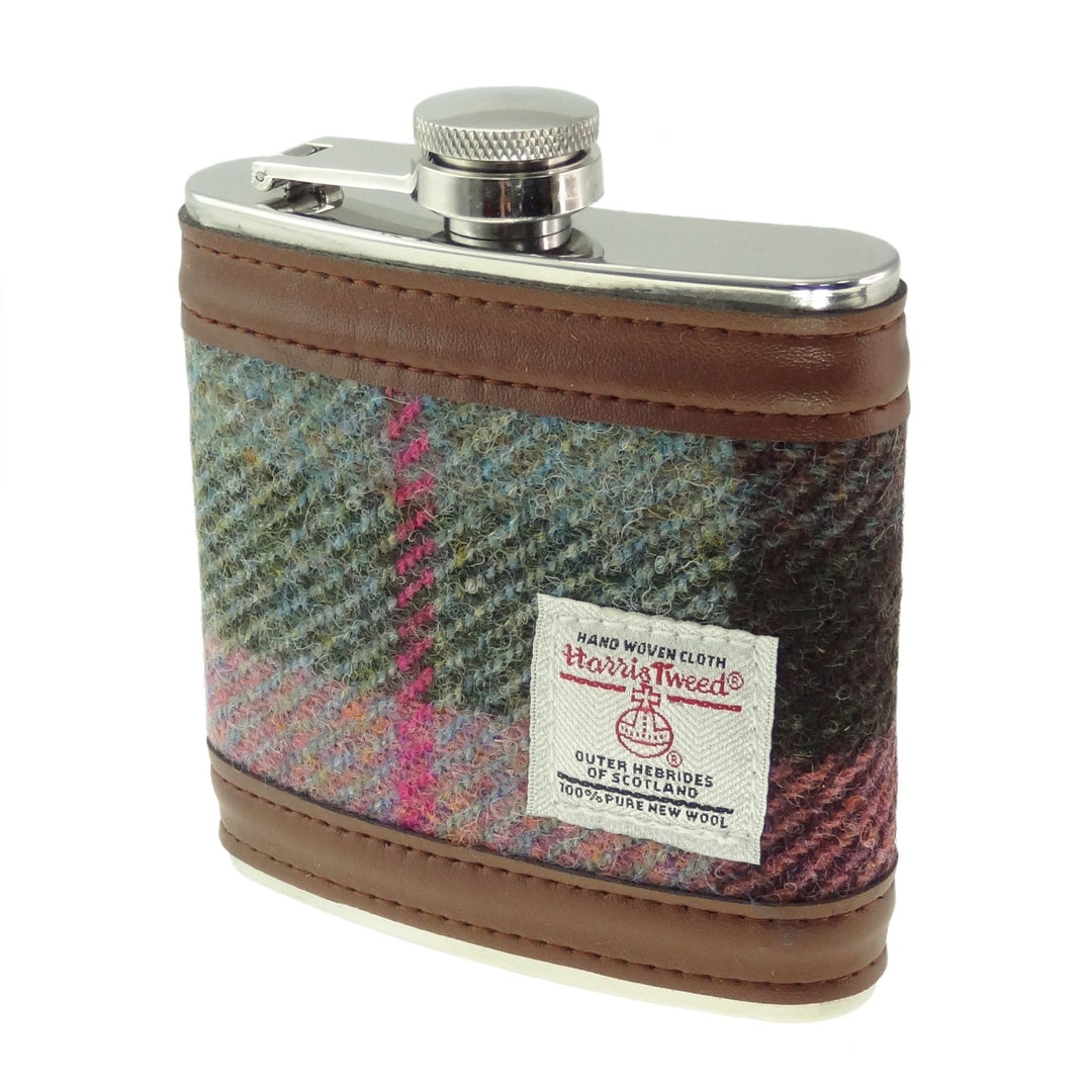 Glen Appin Harris Tweed Hip Flask - Green & Pink Tartan