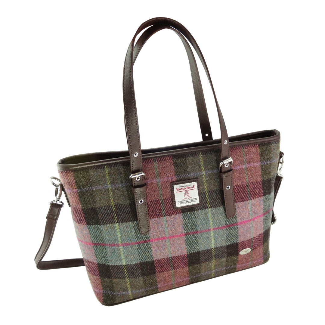 Glen Appin Harris Tweed Classic Spey Tote Handbag Green & Pink Tartan