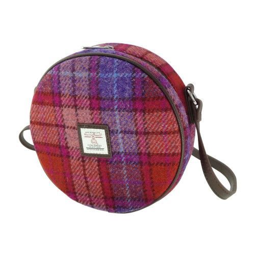Glen Appin Harris Tweed Bannock Small Round Shoulder Bag Orange Purple Tartan
