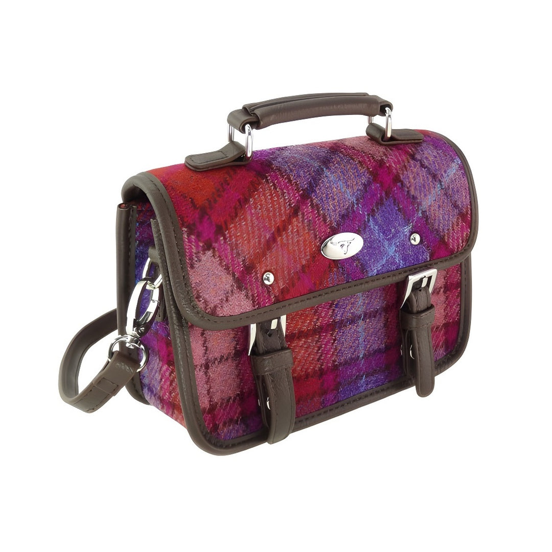 Glen Appin Harris Tweed Bervie Mini Satchel Bag Orange Purple Tartan