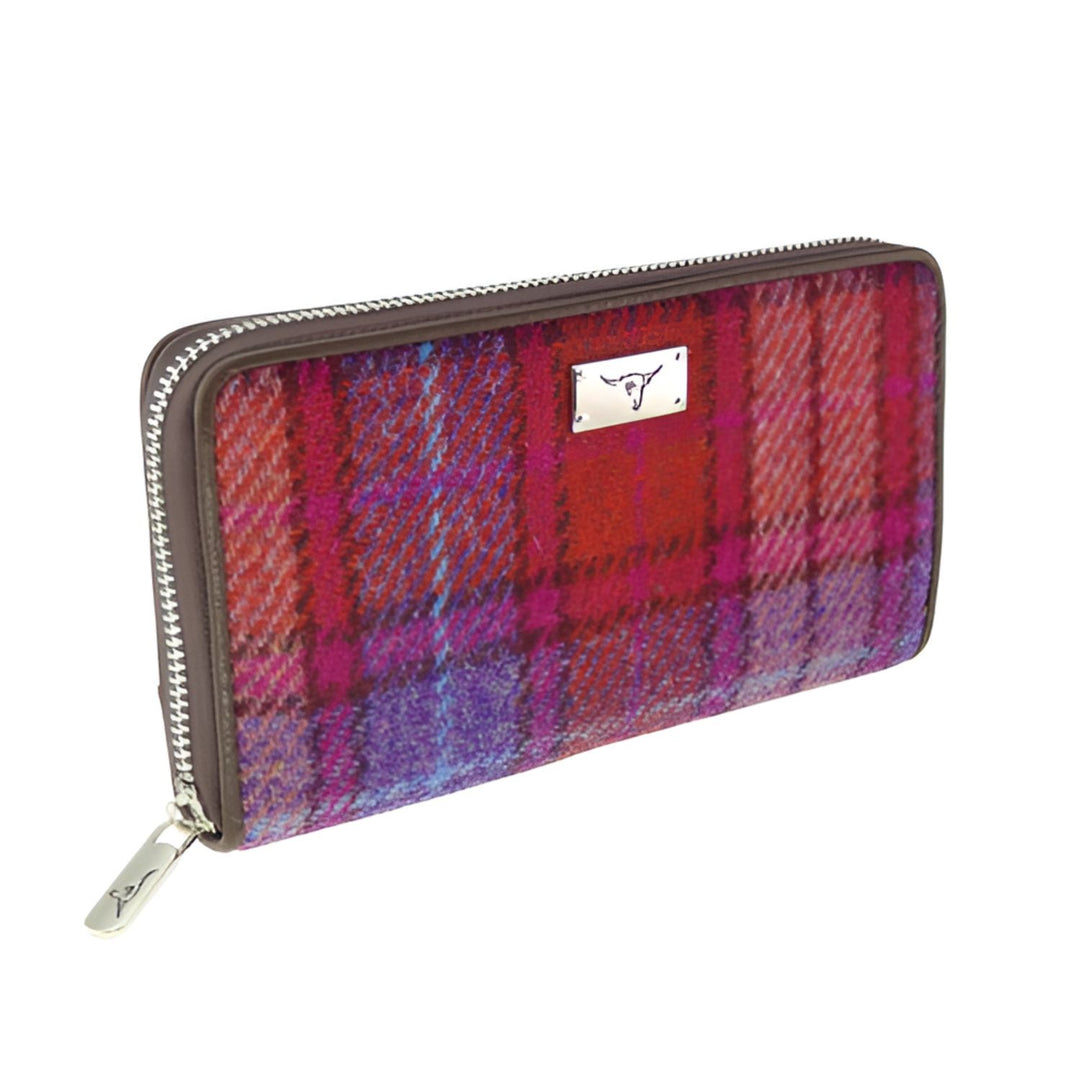 Glen Appin Harris Tweed Ladies Staffa Large Zip Purse Orange Purple Tartan