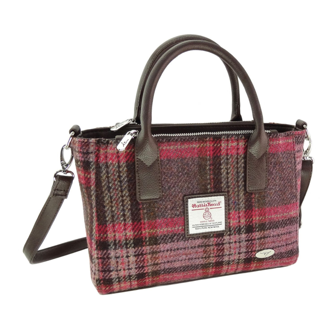 Glen Appin Harris Tweed Brora Tote Handbag Burgundy & Pink Tartan