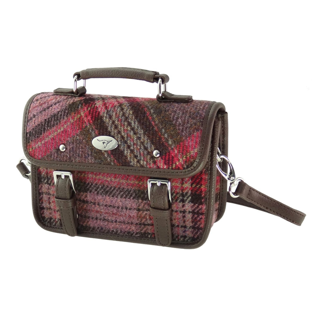 Glen Appin Harris Tweed Bervie Mini Satchel Bag Burgundy & Pink Tartan