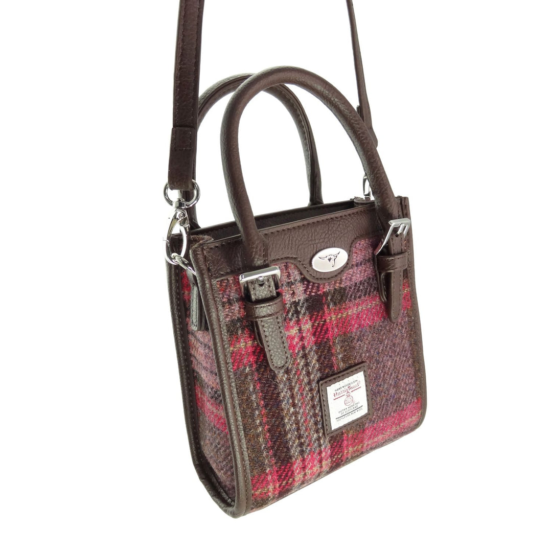 Glen Appin Harris Tweed Keltie Tall Mini Tote Bag in Burgundy & Pink Tartan