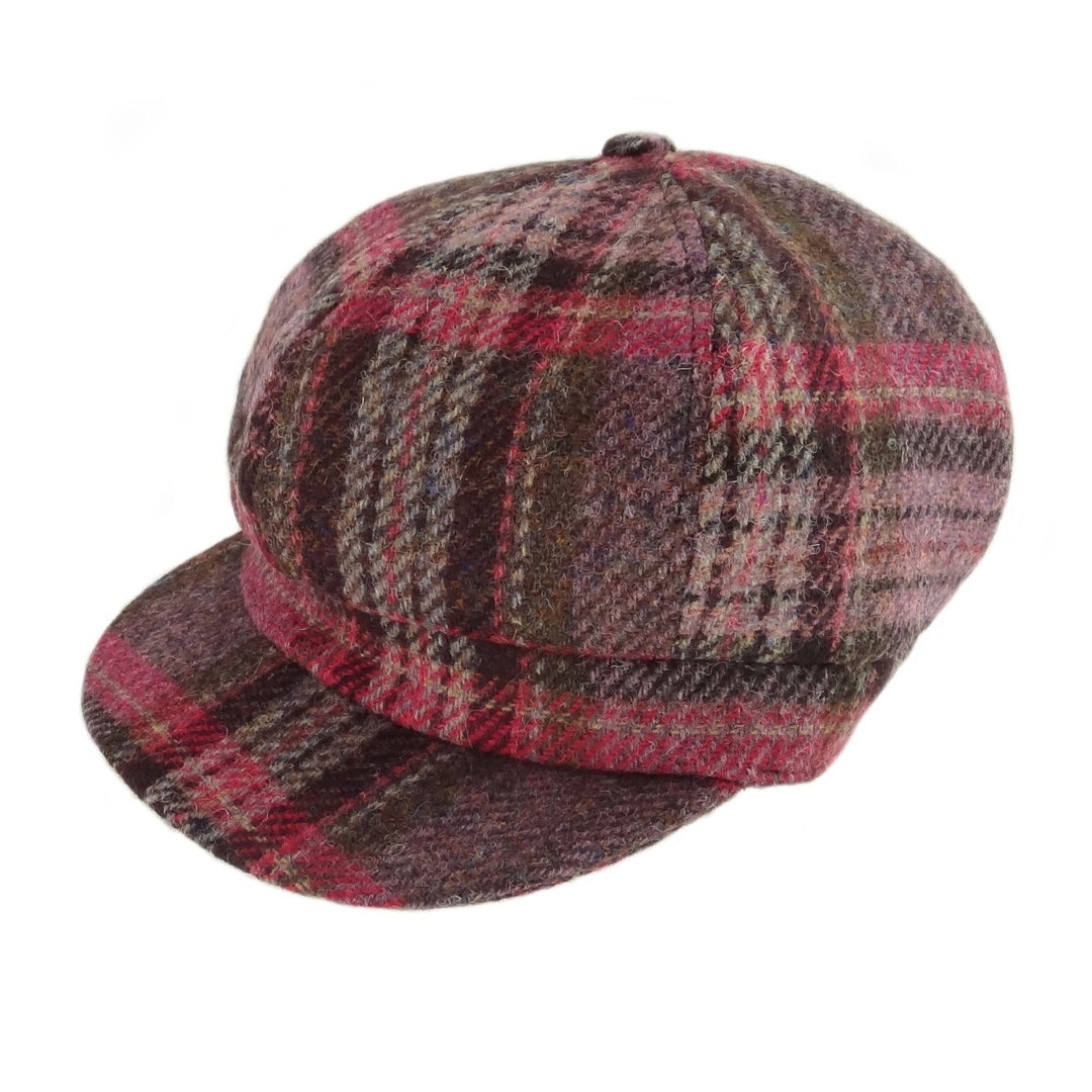 Glen Appin Ladies Harris Tweed Bakerboy Cap Burgundy & Pink Tartan
