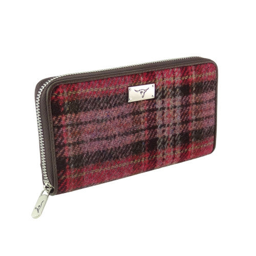 Glen Appin Harris Tweed Ladies Staffa Large Zip Purse Burgundy & Pink Tartan