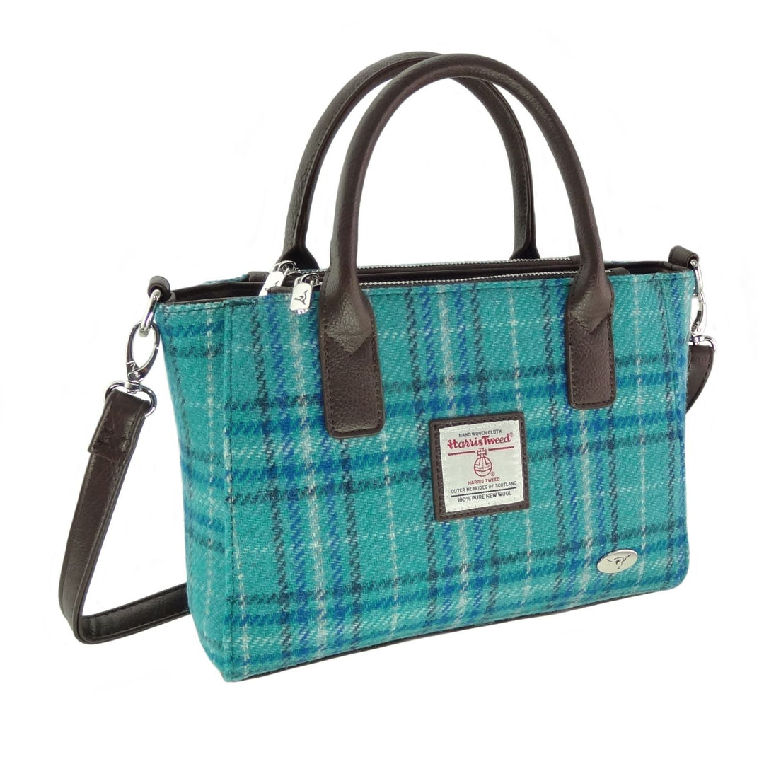 Glen Appin Harris Tweed Brora Tote Handbag Teal & Blue Check