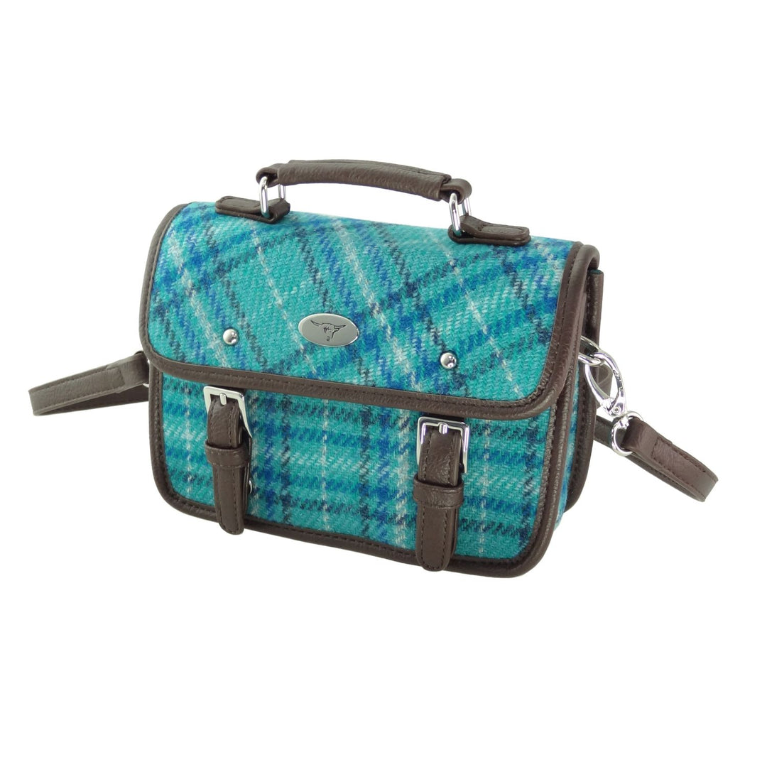 Glen Appin Harris Tweed Bervie Mini Satchel Bag Teal & Blue Check