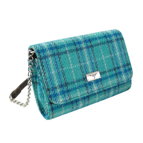 Glen Appin Harris Tweed Strathy Wallet Shoulder Bag Teal & Blue Check