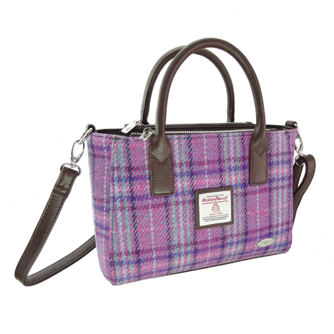 Glen Appin Harris Tweed Brora Tote Handbag Purple & Mint Check
