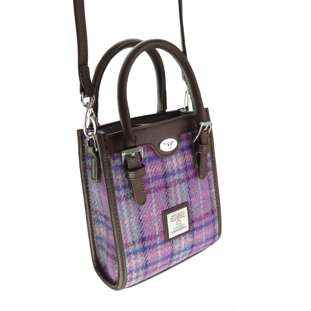Glen Appin Harris Tweed Keltie Tall Mini Tote Bag in Purple & Mint Check