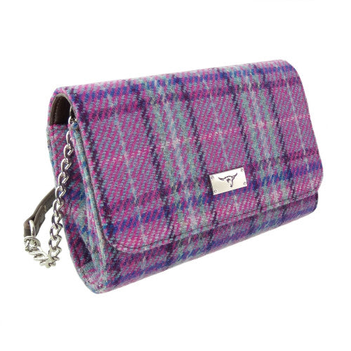 Glen Appin Harris Tweed Strathy Wallet Shoulder Bag Purple & Mint Check