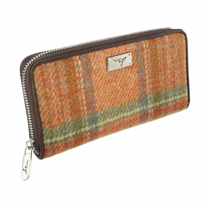 Glen Appin Harris Tweed Ladies Staffa Large Zip Purse Pale Orange Stewart Tartan