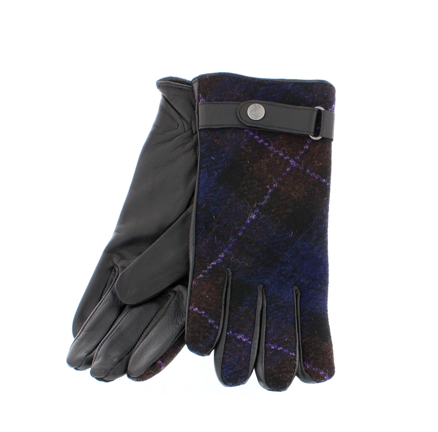 Failsworth Ladies Herringbone Harris Tweed & Leather Gloves Purple Check