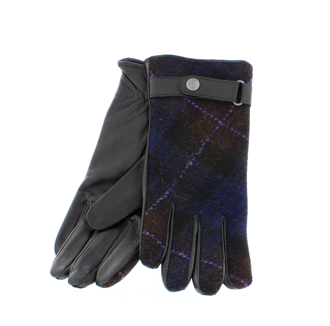 Ladies Purple Check Harris Tweed & Black Leather Gloves