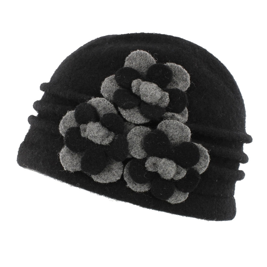 Black/Grey Ribbed Wool Cloche Beanie Hat With Flower Detail