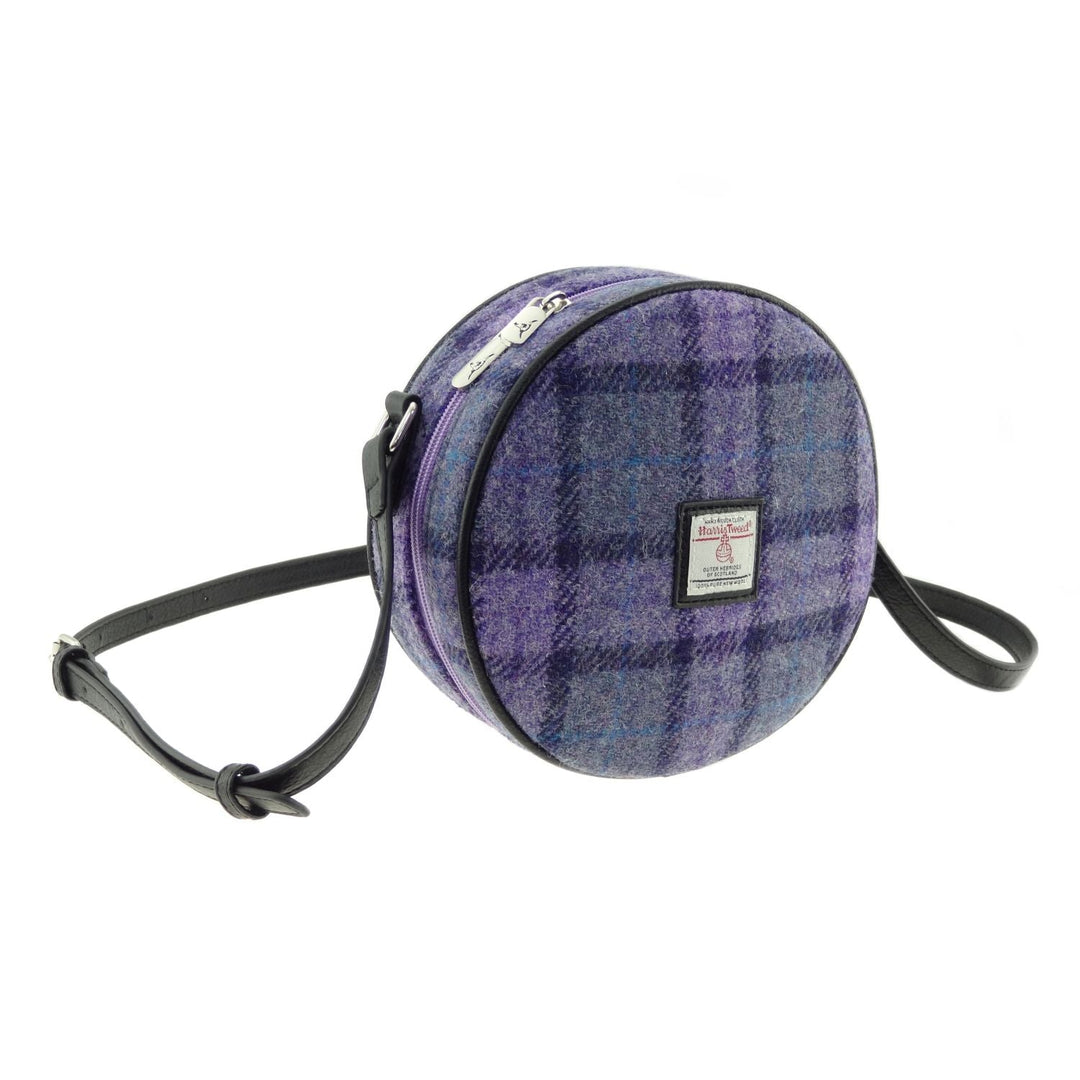 Glen Appin Harris Tweed Bannock Small Round Shoulder Bag Purple Check